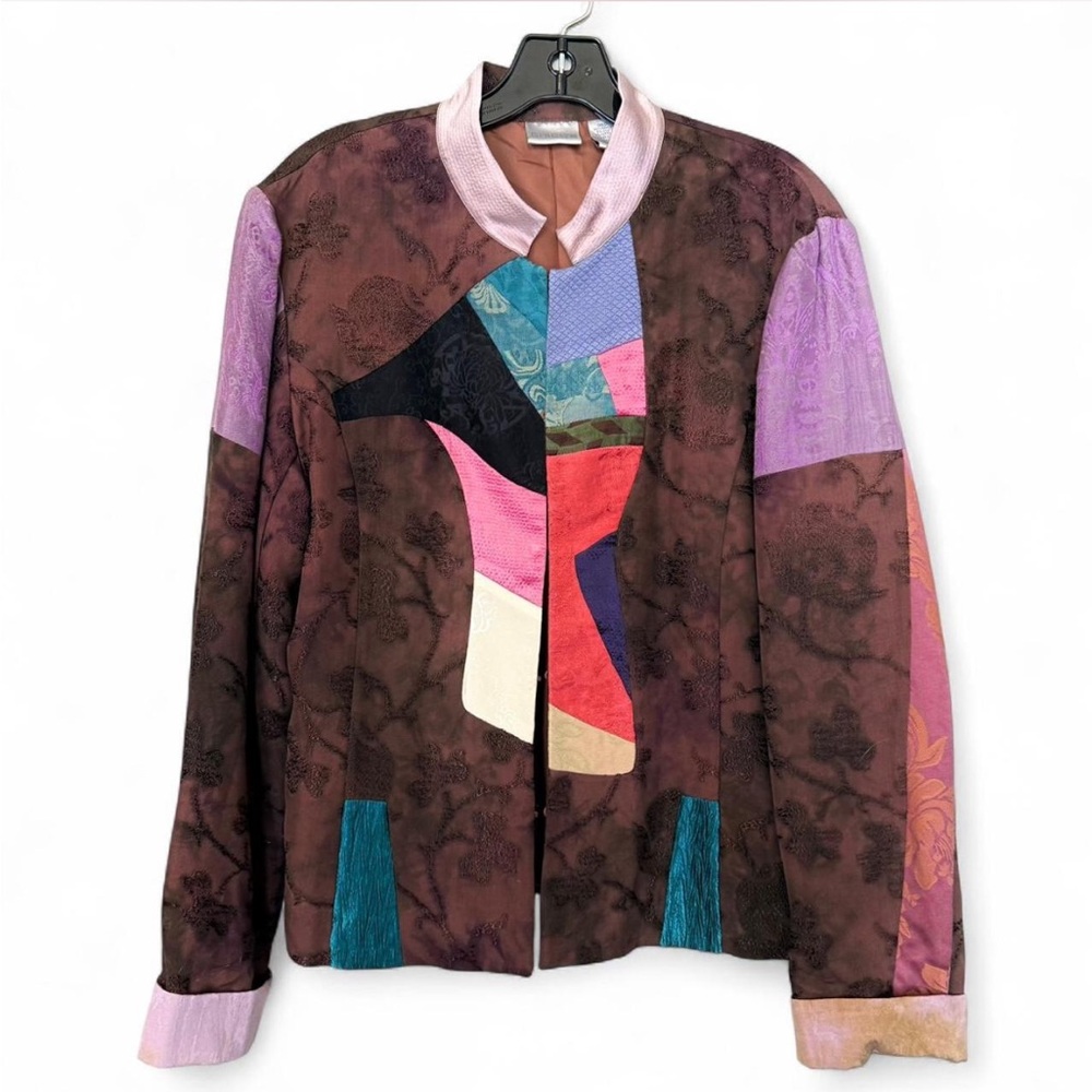 Sz S/M Vintage Rayon/Silk Brocade Printed Patchwork Multicolor Collarless Jacket